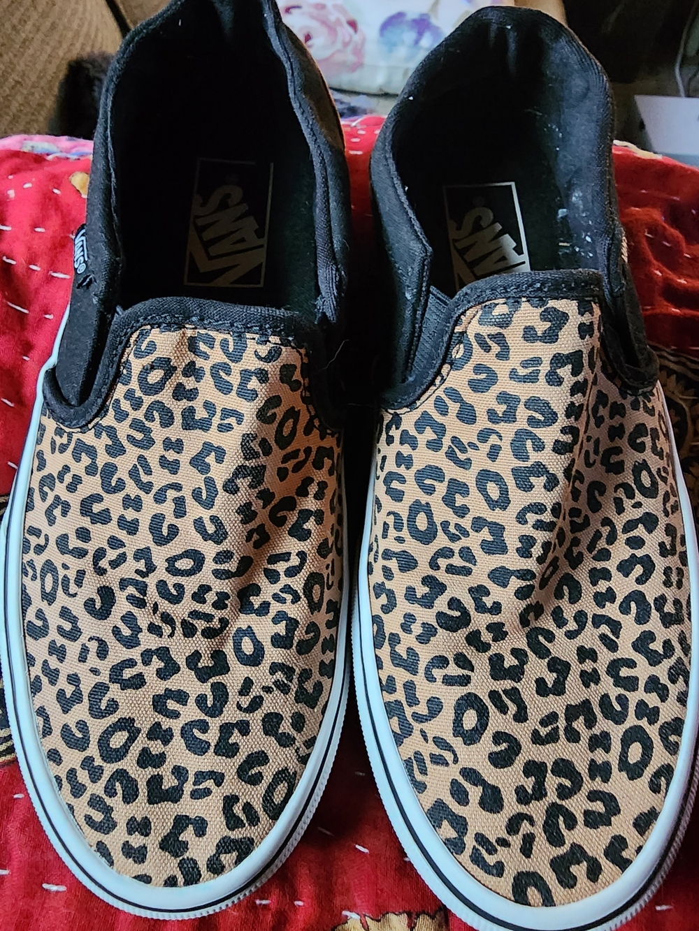 Vans Leopard Print Slip-On Sneakers in Tan and Black